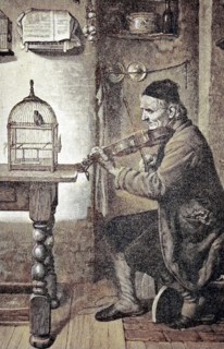 man is playing fiddle in the living room