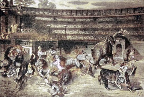 Christian martyrs are given to wild animals. Christliche Märtyrer werden wilden Tieren preisgegeben