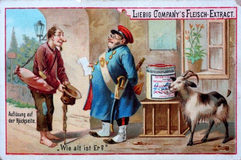 Beggar standing in front of fat gendarme holding empty hat