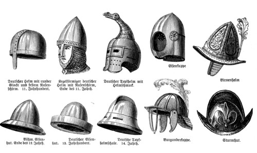 Helmets from different times from 11th century to 18th century