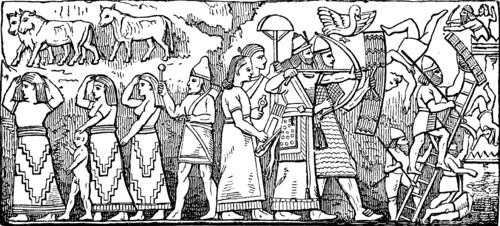 Assyrian warriors taking a fortress and leading away the prisoners