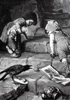 Cheeky raven bird threatens two small children who are retreating and afraid