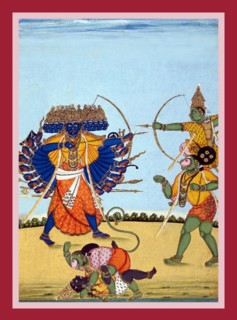 Rama mounted on Hanuman's shoulders fighting Rava?a