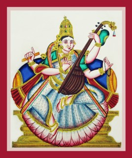 Sarasvati sits in lalitasana on a lotus flower