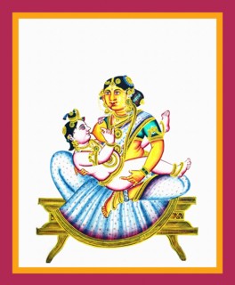 Yashoda in a sari nursing Krishna