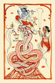 Kaliya, enthroned, with Krishna subduing him