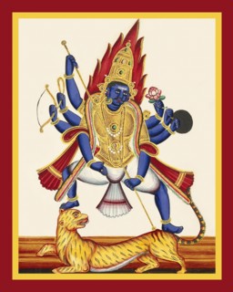 Eight-armed deity tramples a tiger