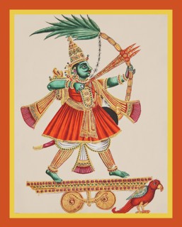 Manmatha rides on a chariot drawn by a red parrot