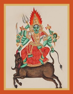 Durga standing in pratyalidha on the back of the galloping Mahi?a