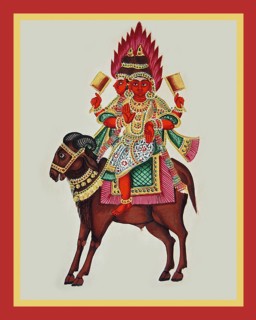 Agni sits on the back of a ram