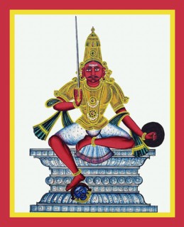 Manarsvami sits in lalitasana on a throne