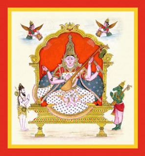 Goddess Sarasvati on a throne