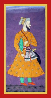 Khairat khan stands in a  flower-patterned orange tunic