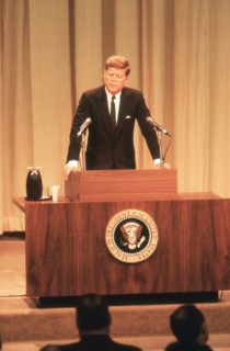 President Kennedy's first press conference broadcast live over TV and radio. Washington, DC, 1/25/61.