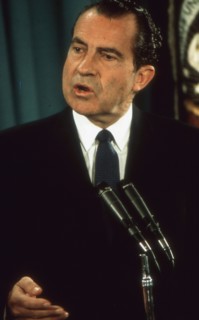 President Richard M. Nixon speaking at a Press Conference. Washington, DC, circa 1970.