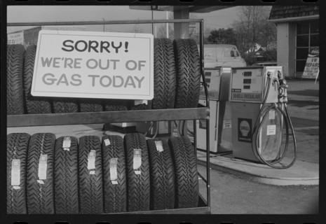 A sign outside a Shell gas station informs customers that "We're Out of Gas Today," Washington, DC. 1/29/1974.