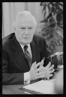 Portrait of Chief Justice of the US Supreme Court Warren E. Burger taken during an interview, Washington, DC, 11/25/1977.