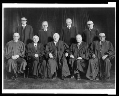 U.S. Supreme Court group portrait, 1976. Group portrait of Justices William J. Brennan, Jr.; Byron R. White; Harry A. Blackmun; William H. Rehnquist; Potter Stewart; Thurgood Marshall; Lewis F. Powell...