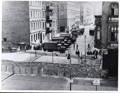 5/14/1961 - East German Army Trucks Line Up to Move Furniture Out of Houses Along Bernauer Strasse