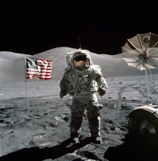 This is an Apollo 17 Astronaut standing upon the lunar surface