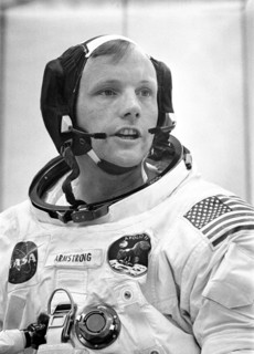 Dunned in his space suit, mission commander Neil A. Armstrong