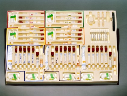 A close-up view of a training version of a STS-40/SLS-1 blood kit