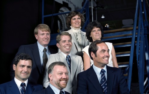 Portrait view of STS 41-G crew in civilian clothes ca. September 1984