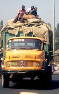 1994 - A truck transports relief goods to the refugee camps.