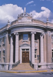 John A. Carthye Memorial Library corner entrance detail Fifth & Church Streets Hannibal Missouri ca. 2003