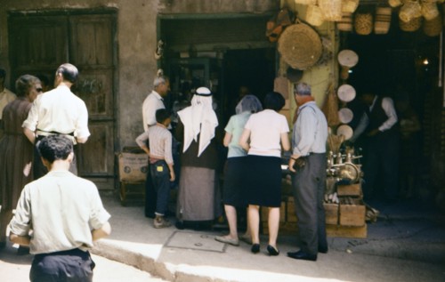 Customers shopping at a bazaar or market in Nazereth
