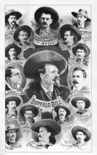 Buffalo Bill Poster with Groner, Blue Hall, Maj Frank, D Frank, Davidl, Nelson, Salsbury, Nheelan, Jim Lawson, Tucker, John M Burke, Seth Hathaway, Buck Taylor, Fred Mathews, Bogardus, Bill Bullock