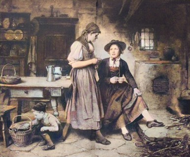 Two Friends Are Chatting In The Kitchen While A Boy Lets A Hen Out Of The Basket