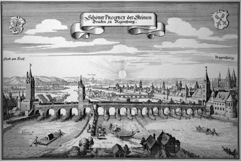 Regensburg With The Danube Bridges In The Middle Ages