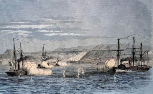 Sea Battle Between Russian And French Troops In Front Of The Crimean Peninsula