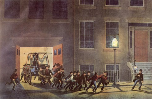 Men Towing Fire Truck.