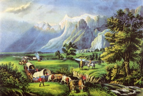 Wagon Train in Valley.