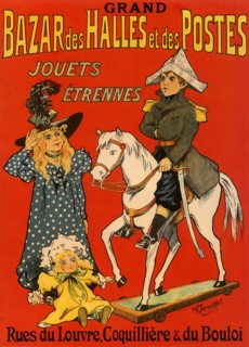 Girl with Doll looks at Boy on Toy Horse.