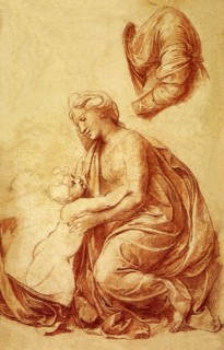 La Vierge assise, tournee vers la gauche prenant l'Enfant.