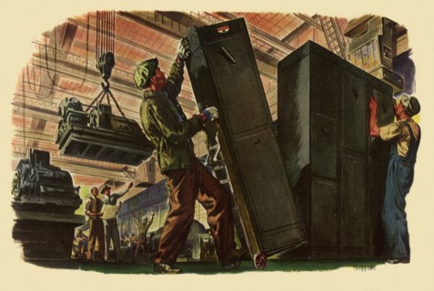 Men install Machinery at Factory.