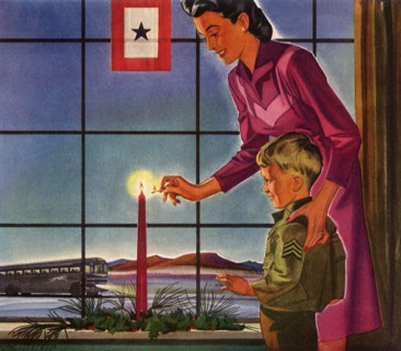 Mother with Boy Lighting Candle for War Effort.