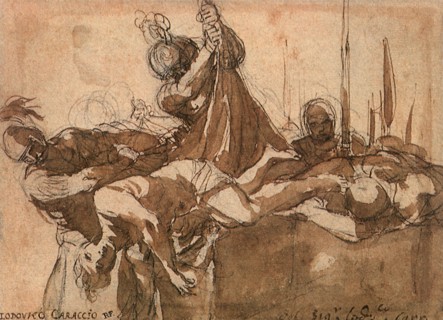Soldiers Uncovering Bodies Lying on a Wall.