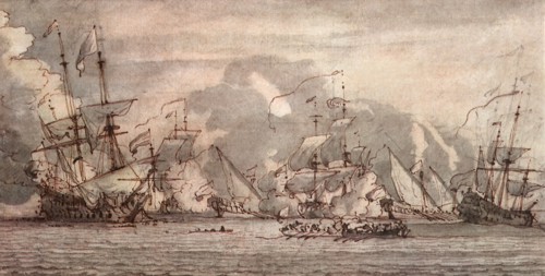 Naval Battle between Four Large Warships and Two Galleys.