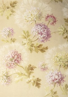 Purple and white flowers on green stem repeat floral pattern.