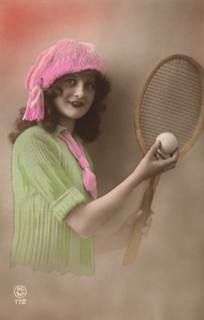 French Woman with Tennis Racquet and ball.