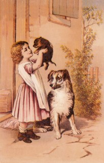 Dog watches GIrl hold up Puppy.