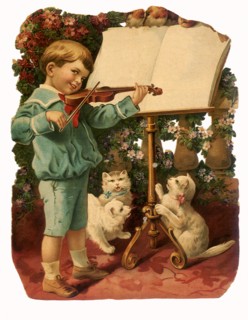 Boy plays Violin with Cats.