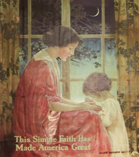 Boy kneeling in Prayer before Mother.