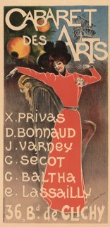 Woman in Red Standing by Large Harp.