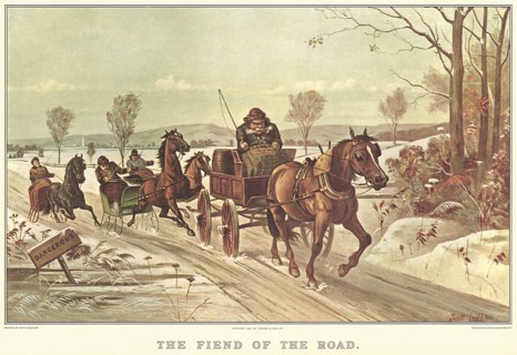 Man in Horse Cart Blocking the Road for Horse-Drawn Sleighs.
