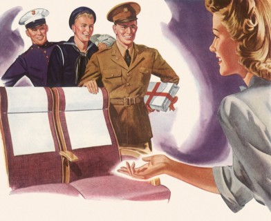 Woman offers Bus Seats to Marine, Sailor, and Soldier.